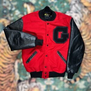 Vintage 90s Georgia Bulldogs Wool Faux Leather Letterman Jacket Red USA Made M